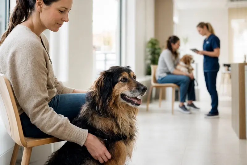 Ein Deutsch Langhaar Hund sitzt ruhig neben seinem Besitzer im hellen Wartezimmer einer Tierarztpraxis.